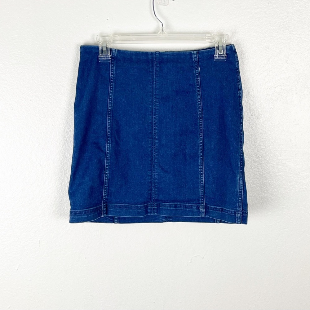 FREE PEOPLE Blue Denim Back Zipper Mini Skirt 10 Boho Western Festival Cowgirl